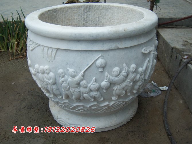 漢白玉花盆雕塑，白色石頭花盆 (2)