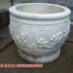 漢白玉花盆雕塑，白色石頭花盆
