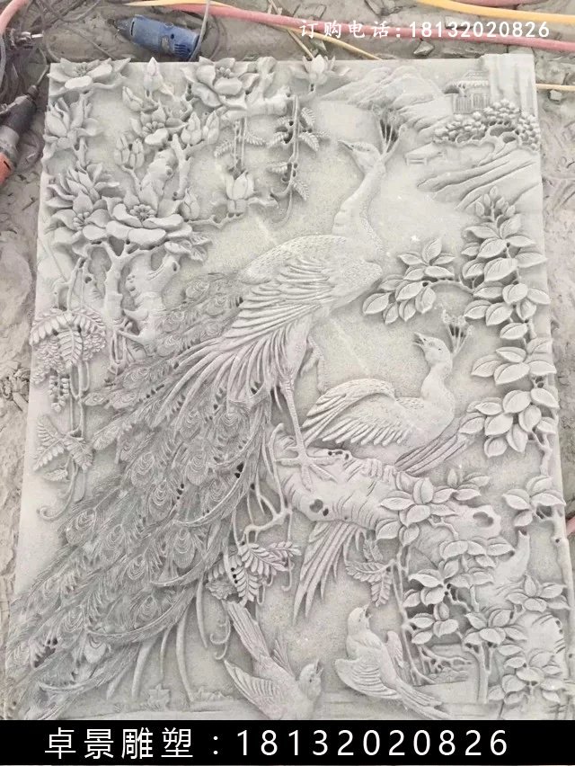 石雕百鳥朝鳳浮雕，漢白玉石浮雕