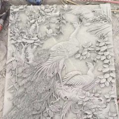 石雕百鳥朝鳳浮雕，漢白玉石浮雕