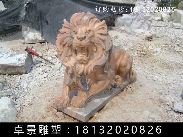 西洋獅石雕，晚霞紅西洋獅雕塑 (4)