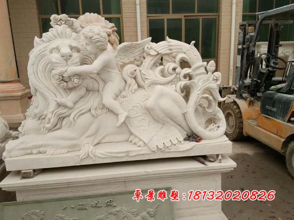 獅子與小天使石雕，漢白玉獅子和小天使雕塑