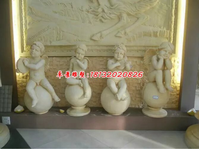小天使石雕，漢白玉西方小孩雕塑