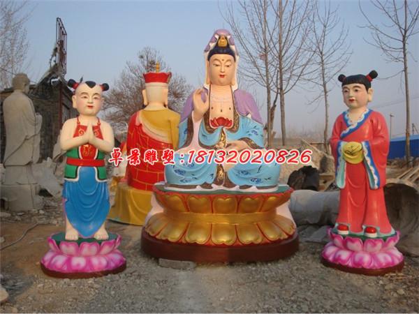 玻璃鋼觀音菩薩和善財(cái)童子雕塑，彩繪觀音菩薩雕塑