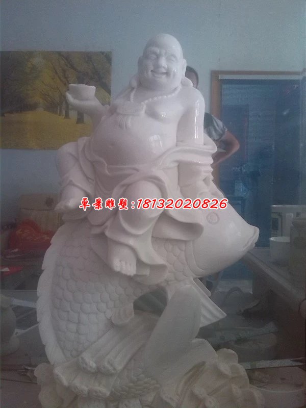 漢白玉彌勒佛，坐魚彌勒佛雕塑