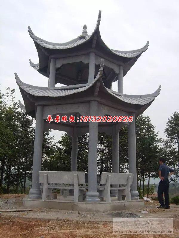 涼亭石雕，青石雙層涼亭雕塑 (2)