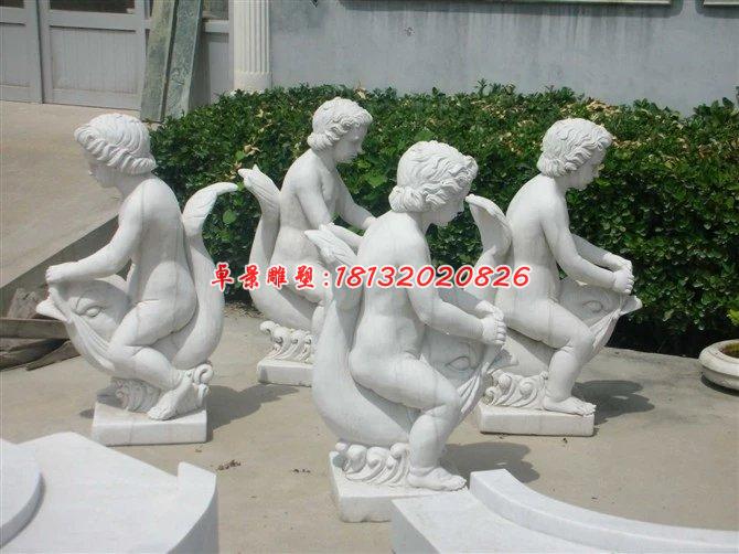 漢白玉人物雕塑，小孩騎魚石雕