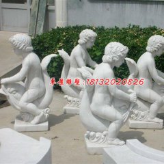 漢白玉人物雕塑，小孩騎魚石雕