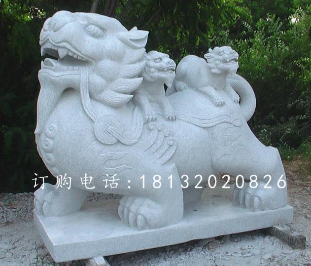 神獸石雕，大理石母子貔貅雕塑 (3)