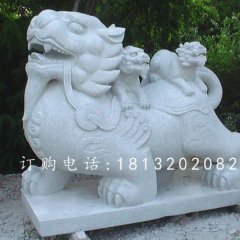 神獸石雕，大理石母子貔貅雕塑
