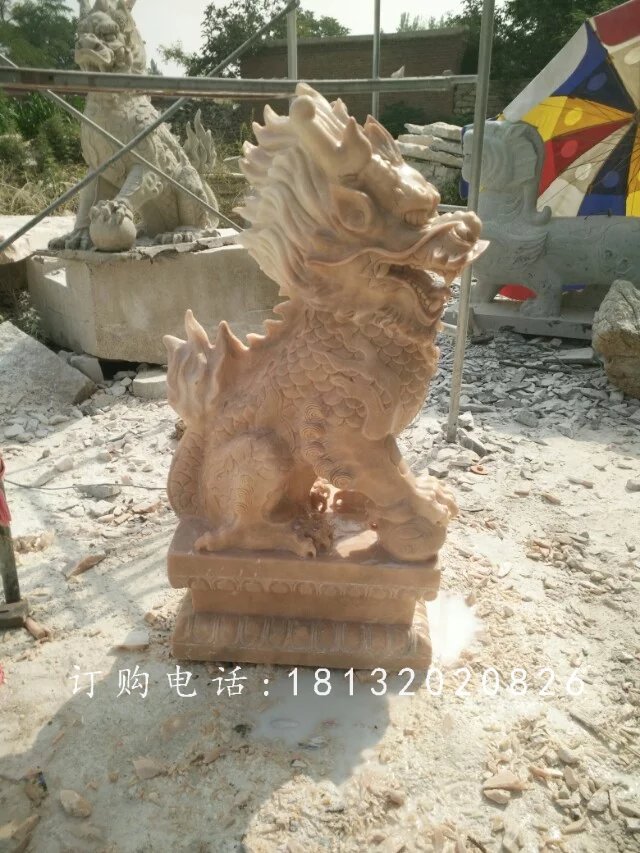 踩球麒麟雕塑，晚霞紅麒麟石雕 (2)