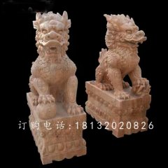 踩球麒麟石雕，晚霞紅麒麟雕塑