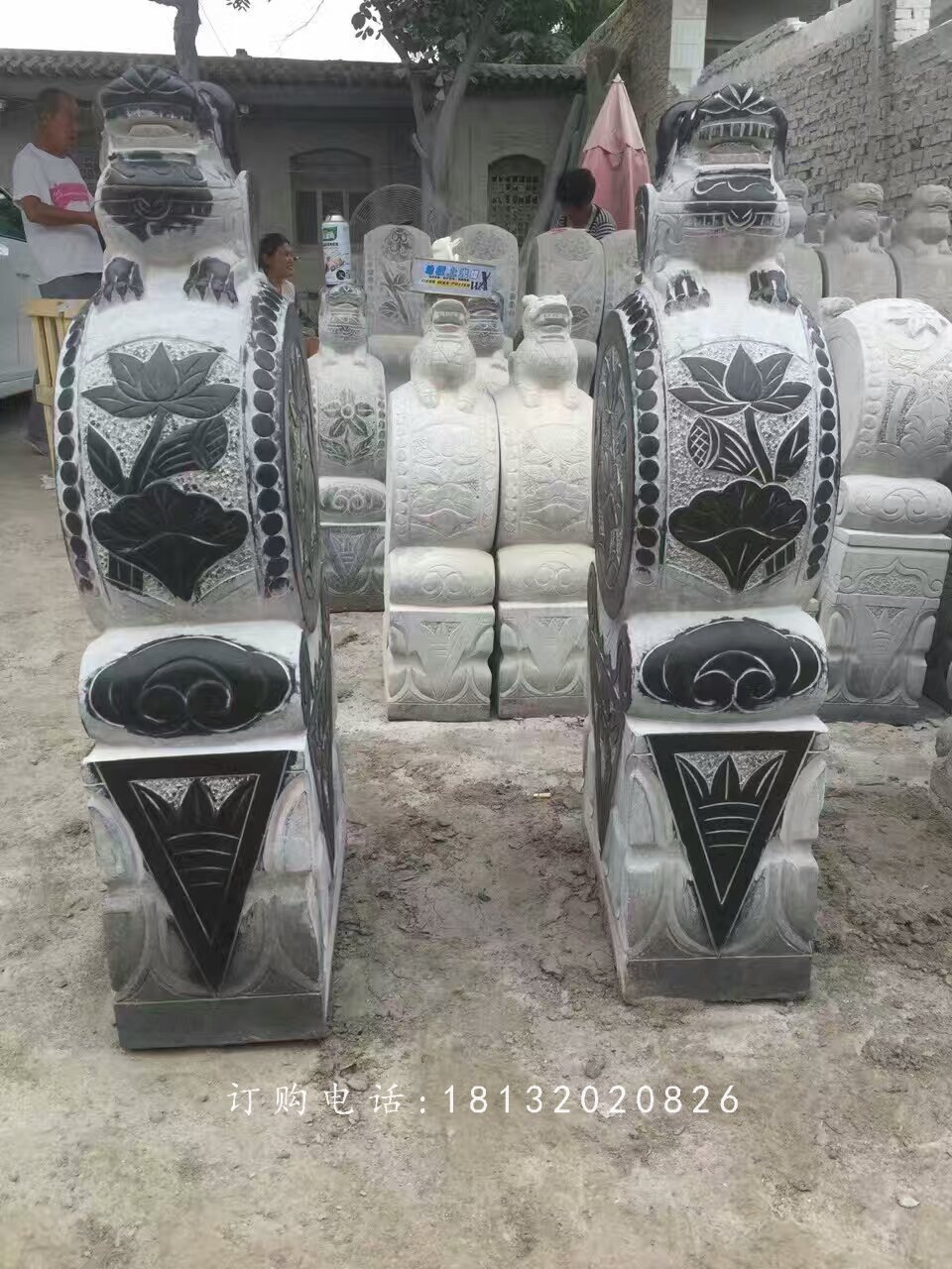 仿古門墩石雕，荷花門墩雕塑 (3)