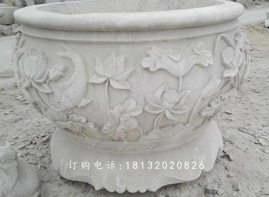 荷花與鳥花盆雕塑，水缸石雕 (1)