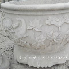 荷花與鳥花盆雕塑，水缸石雕
