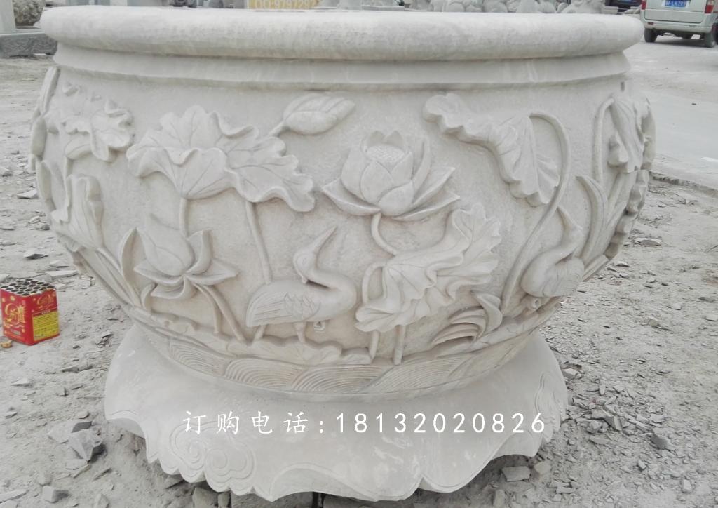 荷花與鳥花盆雕塑，水缸石雕 (2)