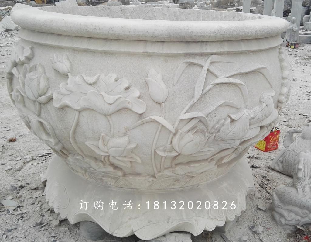 荷花與鳥花盆雕塑，水缸石雕 (3)