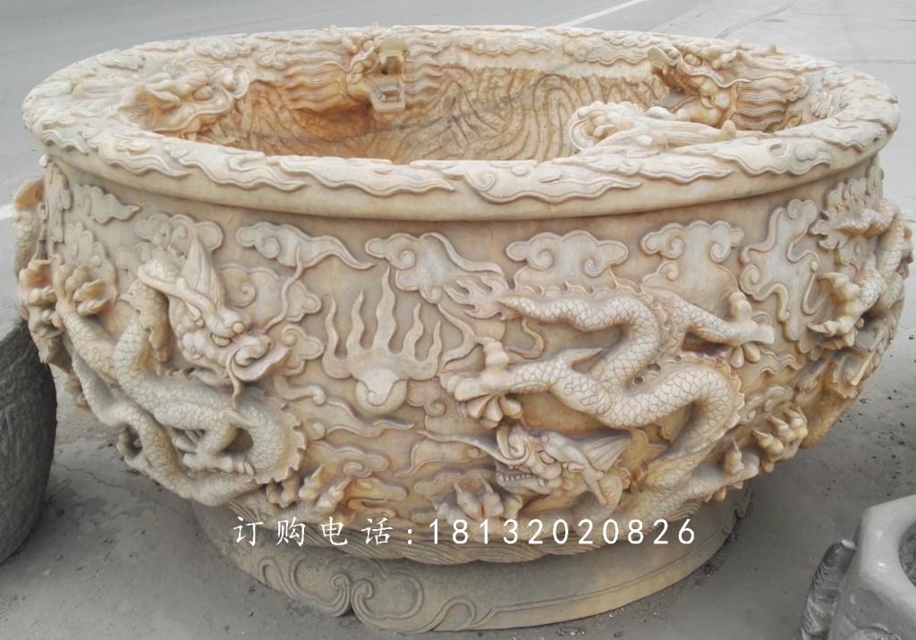 晚霞紅水缸石雕，龍浮雕水缸 (3)