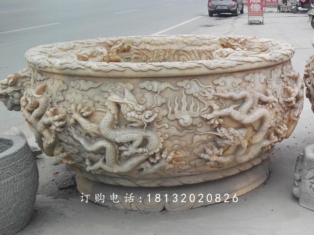 晚霞紅水缸石雕，龍浮雕水缸 (2)