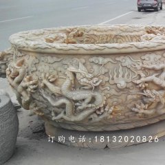 晚霞紅水缸石雕，龍浮雕水缸