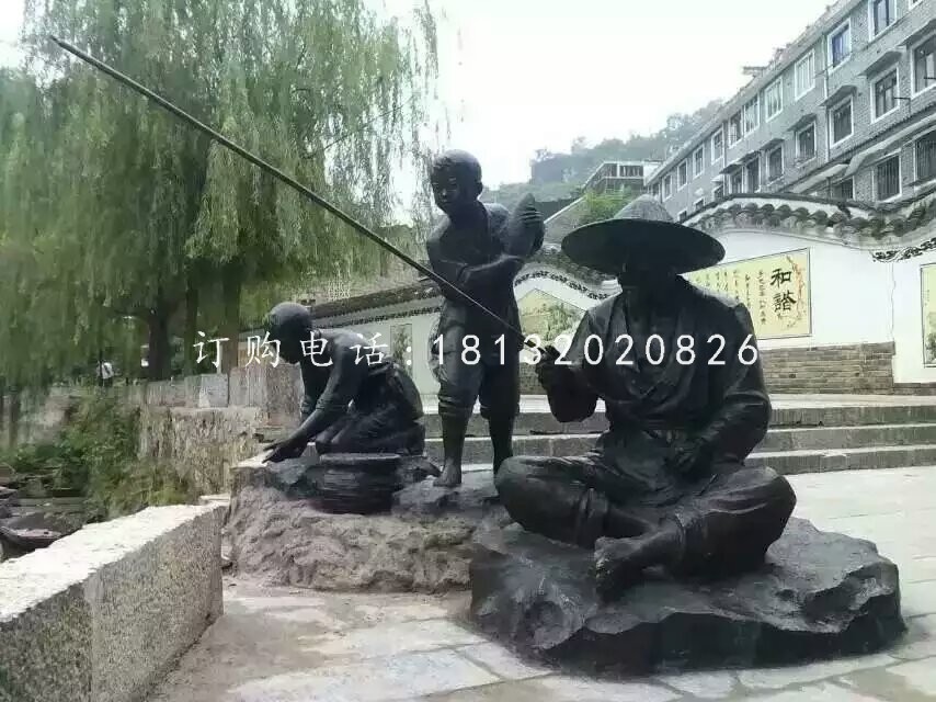 老人小孩垂釣銅雕，公園人物雕塑