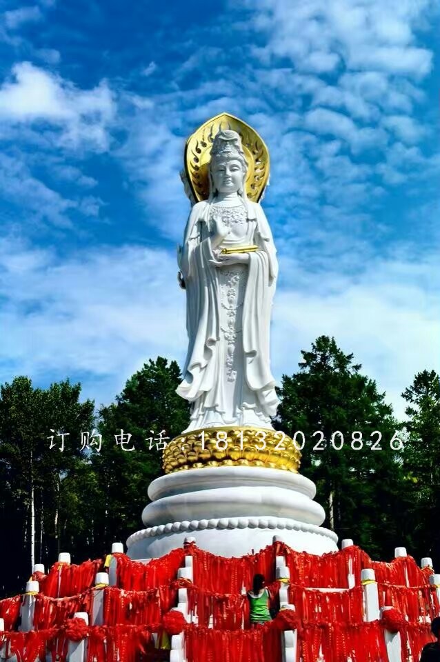 大型三面觀音石雕，漢白玉佛像雕塑
