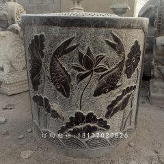 仿古青石水缸石雕，魚戲水中浮雕水缸雕塑