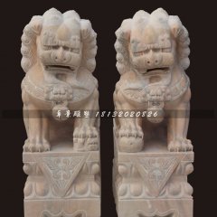 石雕獅子，晚霞紅石獅子雕塑