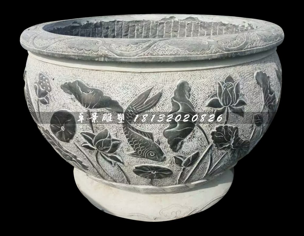 仿古水缸石雕，青石魚(yú)缸雕塑