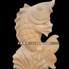 晚霞紅石雕魚，公園噴泉魚石雕