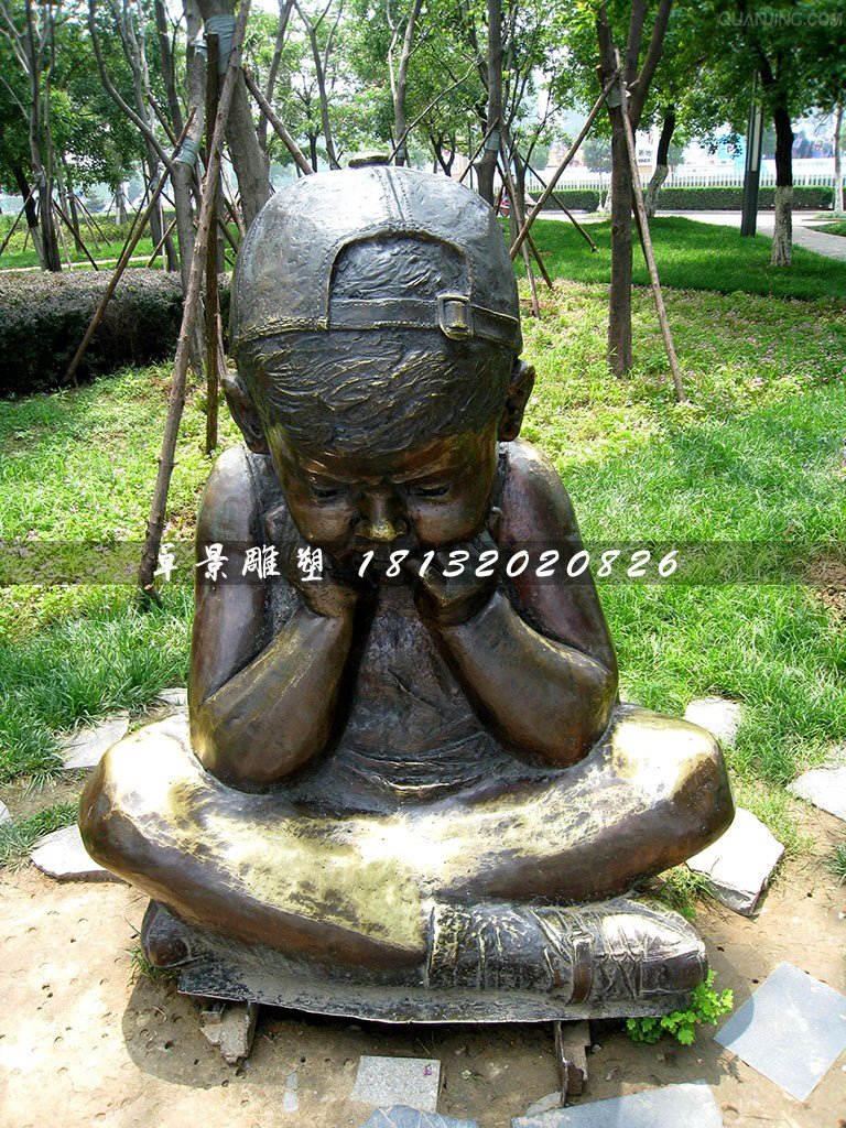 思考的小男孩銅雕，公園小品銅雕