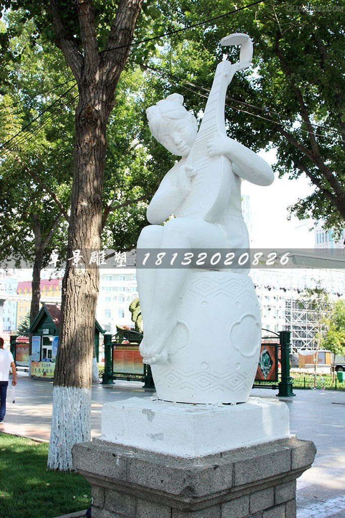 小女孩彈琵琶石雕，公園景觀石雕 (2)