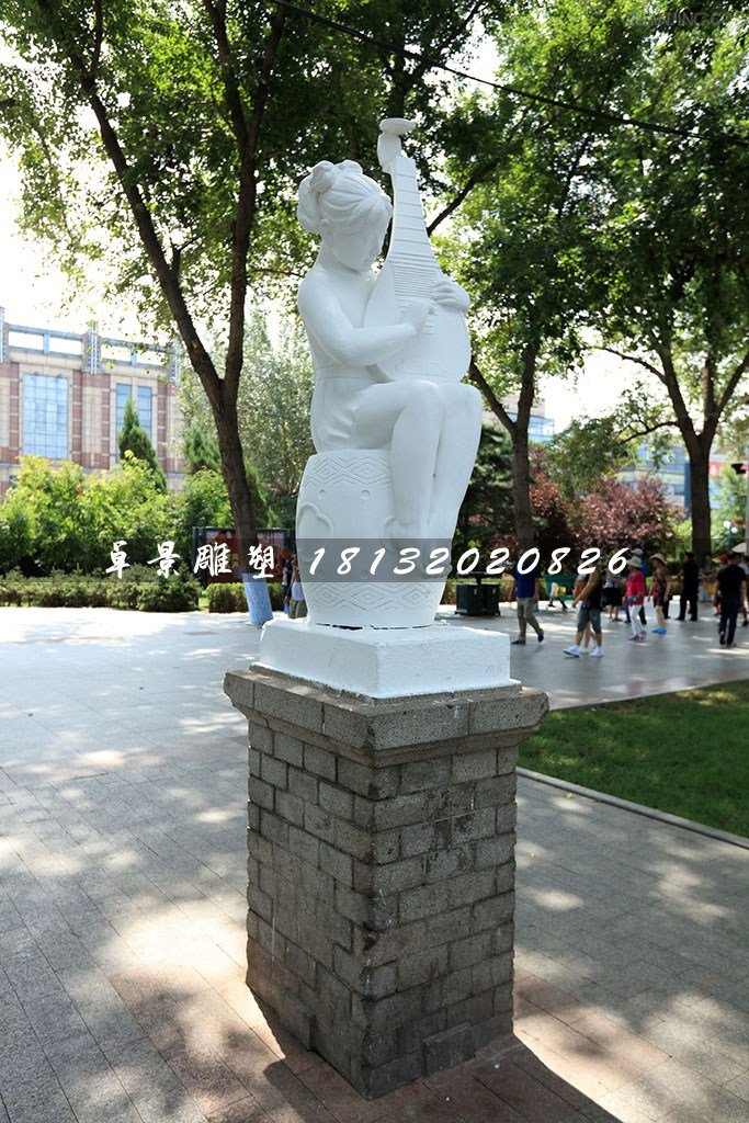 小女孩彈琵琶石雕，公園景觀石雕