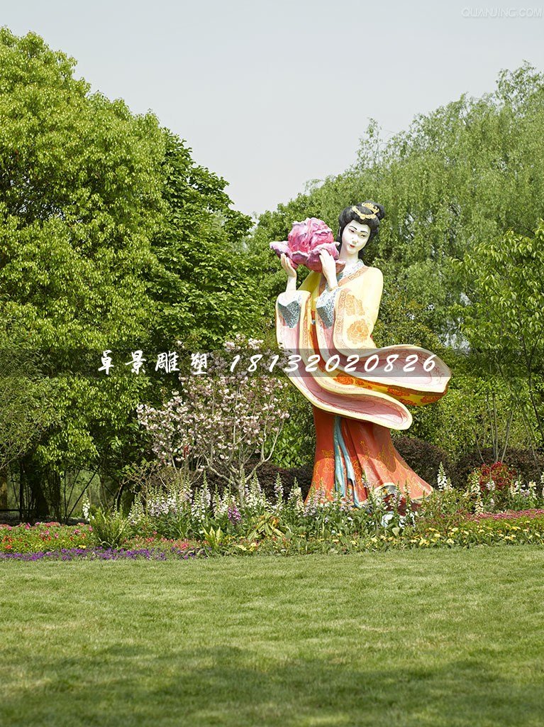 古代美女采花雕塑，玻璃鋼仿真人物雕塑