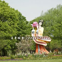 古代美女采花雕塑，玻璃鋼仿真人物雕塑