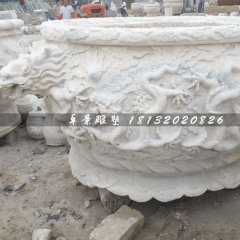 大理石水缸，龍戲珠石浮雕水缸