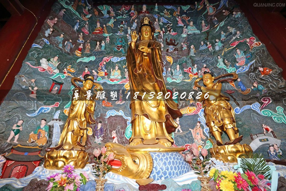 鎏金銅佛像，觀音與善財(cái)龍女銅雕
