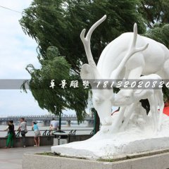 母子鹿石雕，漢白玉動物雕塑