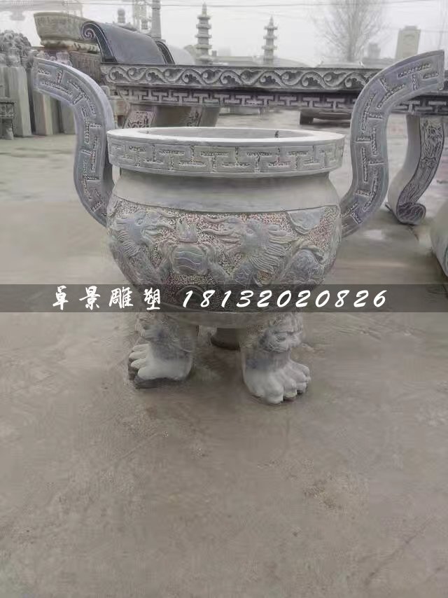 青石香爐，三足香爐石雕