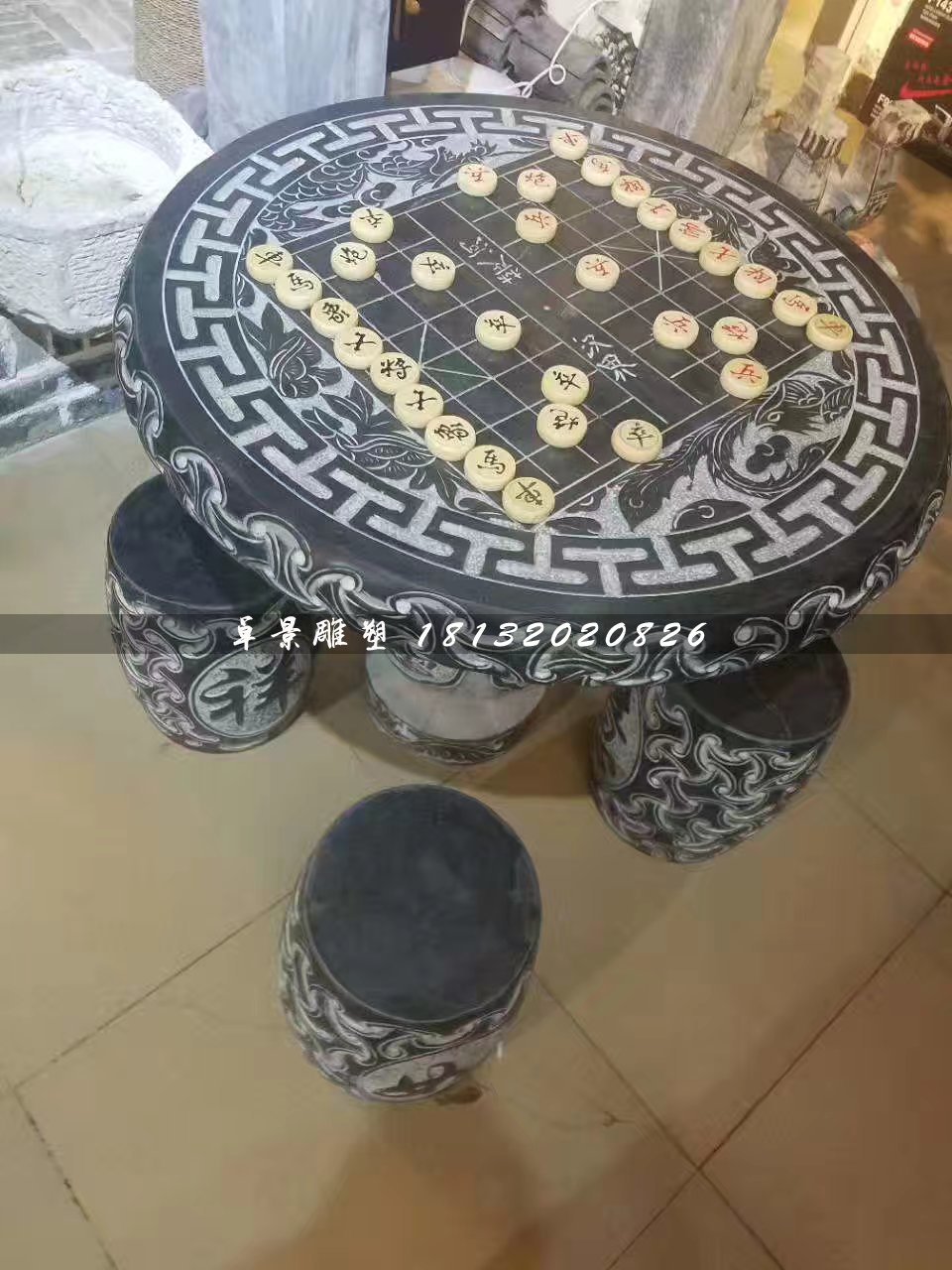 象棋桌石雕，青石仿古桌椅