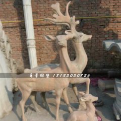 三只鹿石雕，晚霞紅動物雕塑