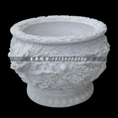 龍浮雕水缸，漢白玉水缸