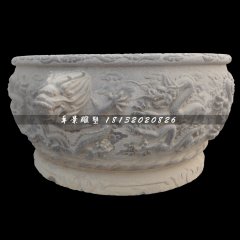 龍浮雕水缸，青石水缸