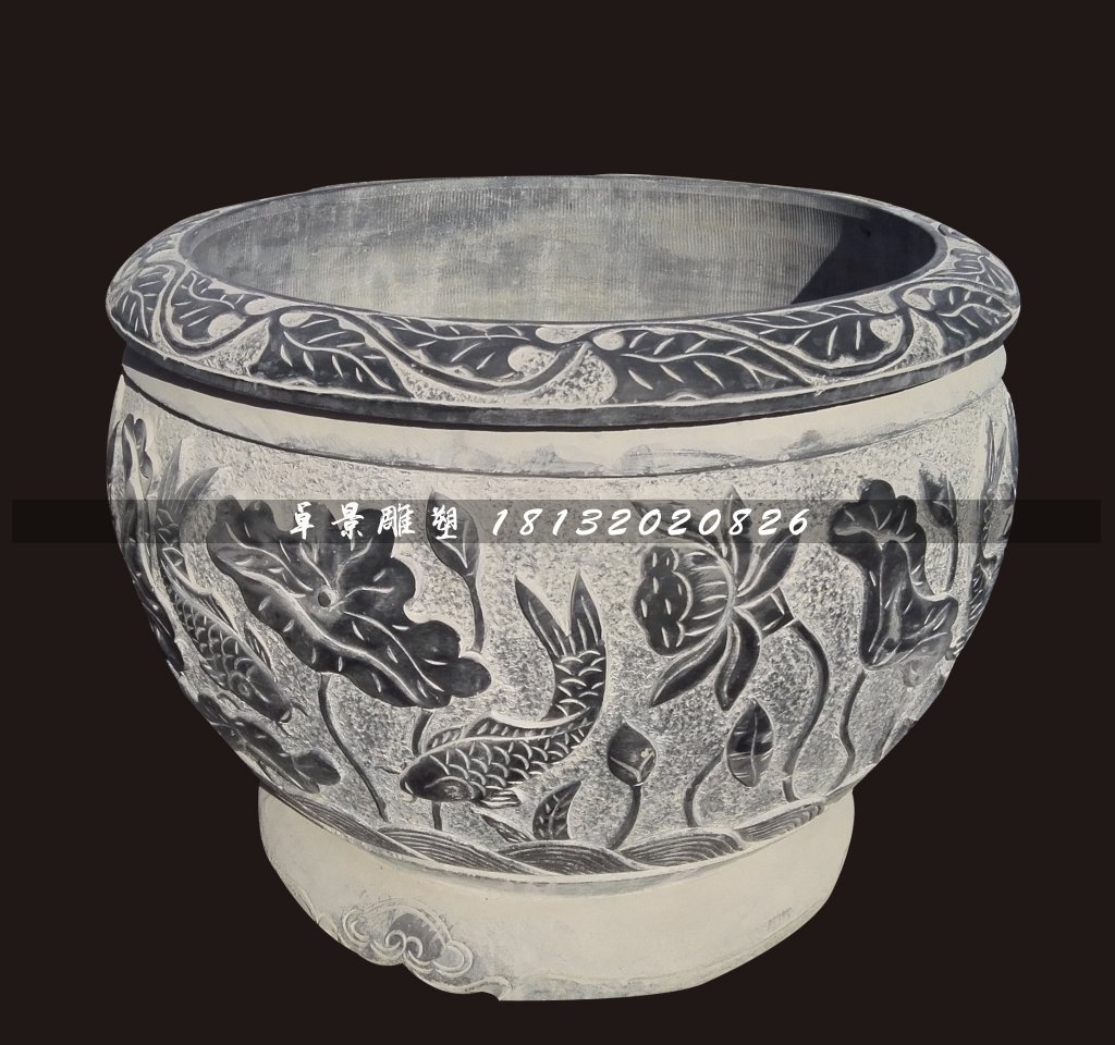 青石荷花魚水盆，仿古石水缸 (2)