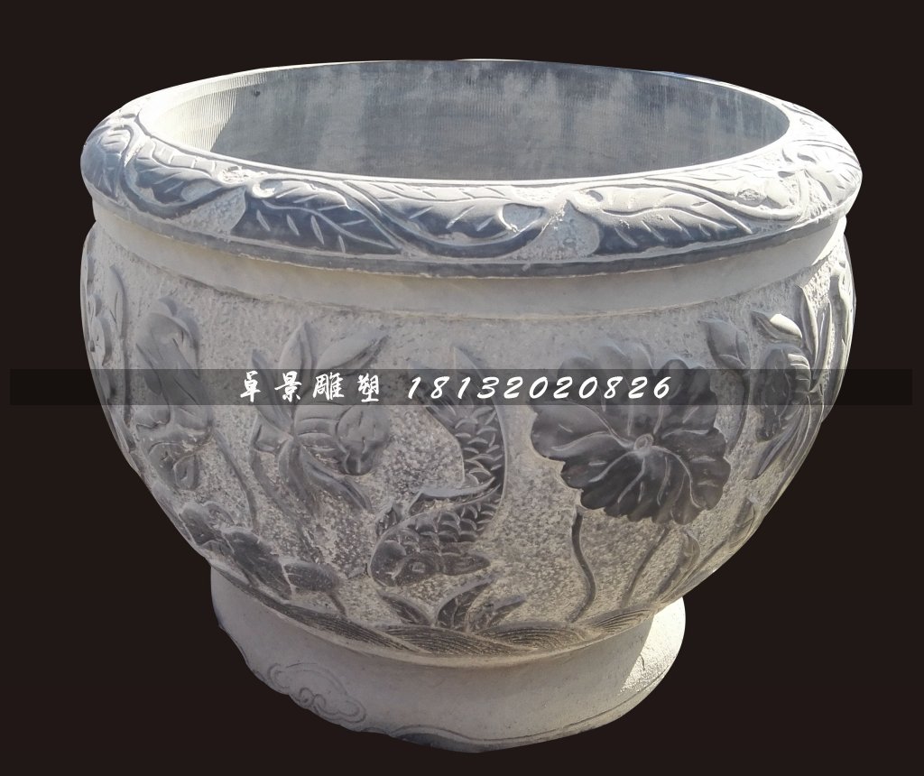 青石荷花魚水盆，仿古石水缸 (3)