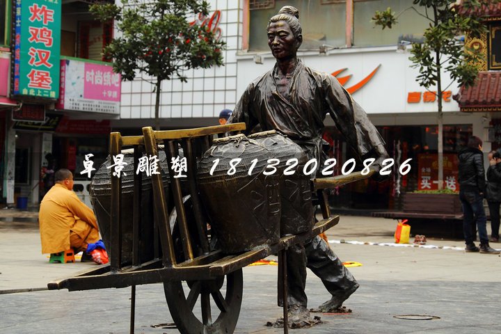獨(dú)輪車銅雕，街頭古代人物雕塑