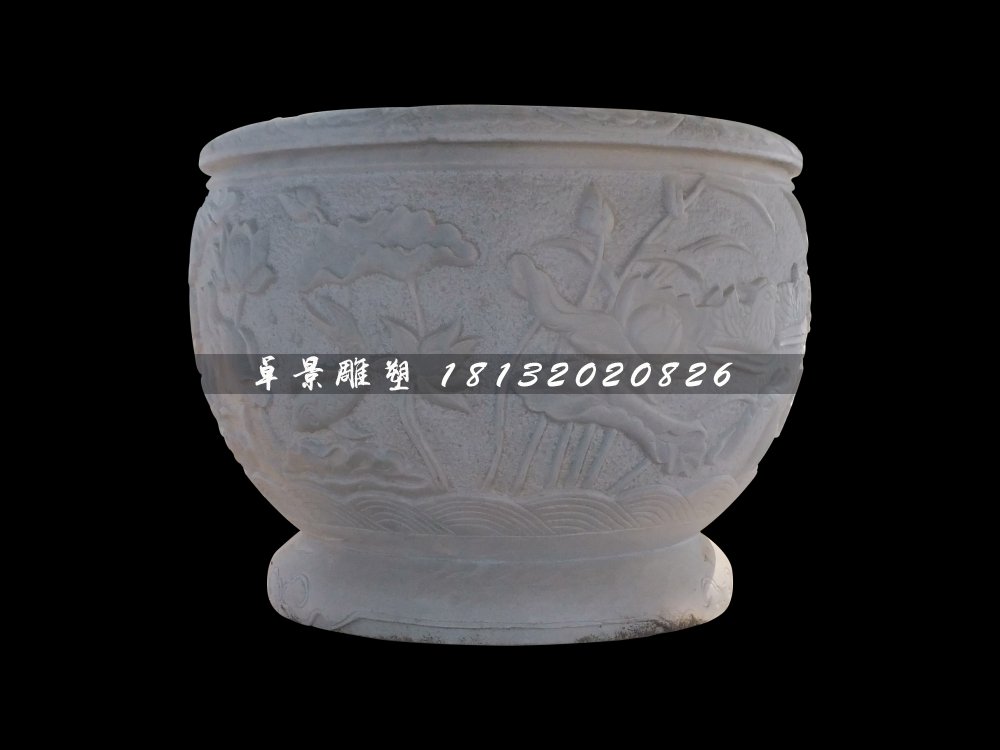 荷花浮雕水缸，圓形水缸雕塑