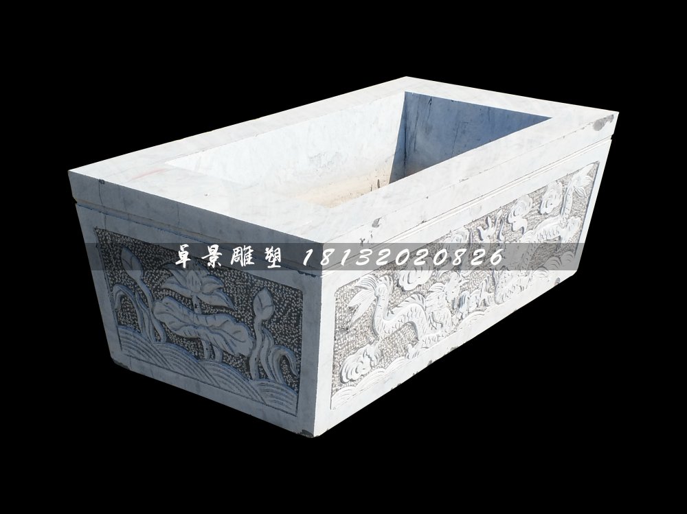 雙龍戲珠石浮雕水缸，方形水缸石雕 (2)