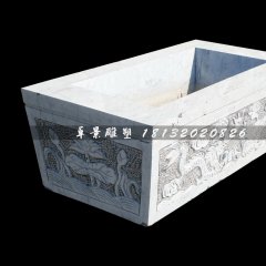 雙龍戲珠石浮雕水缸，方形水缸石雕