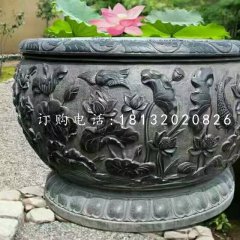 石水缸，荷花魚浮雕水缸